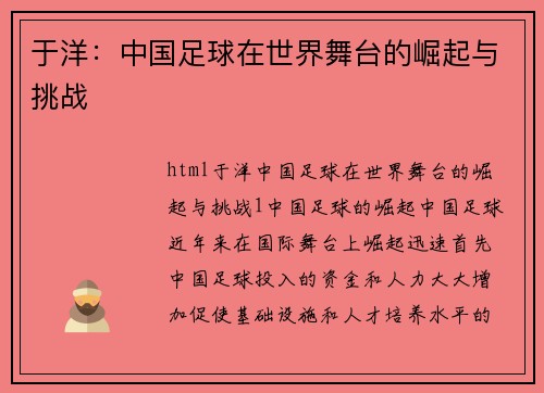 于洋：中国足球在世界舞台的崛起与挑战